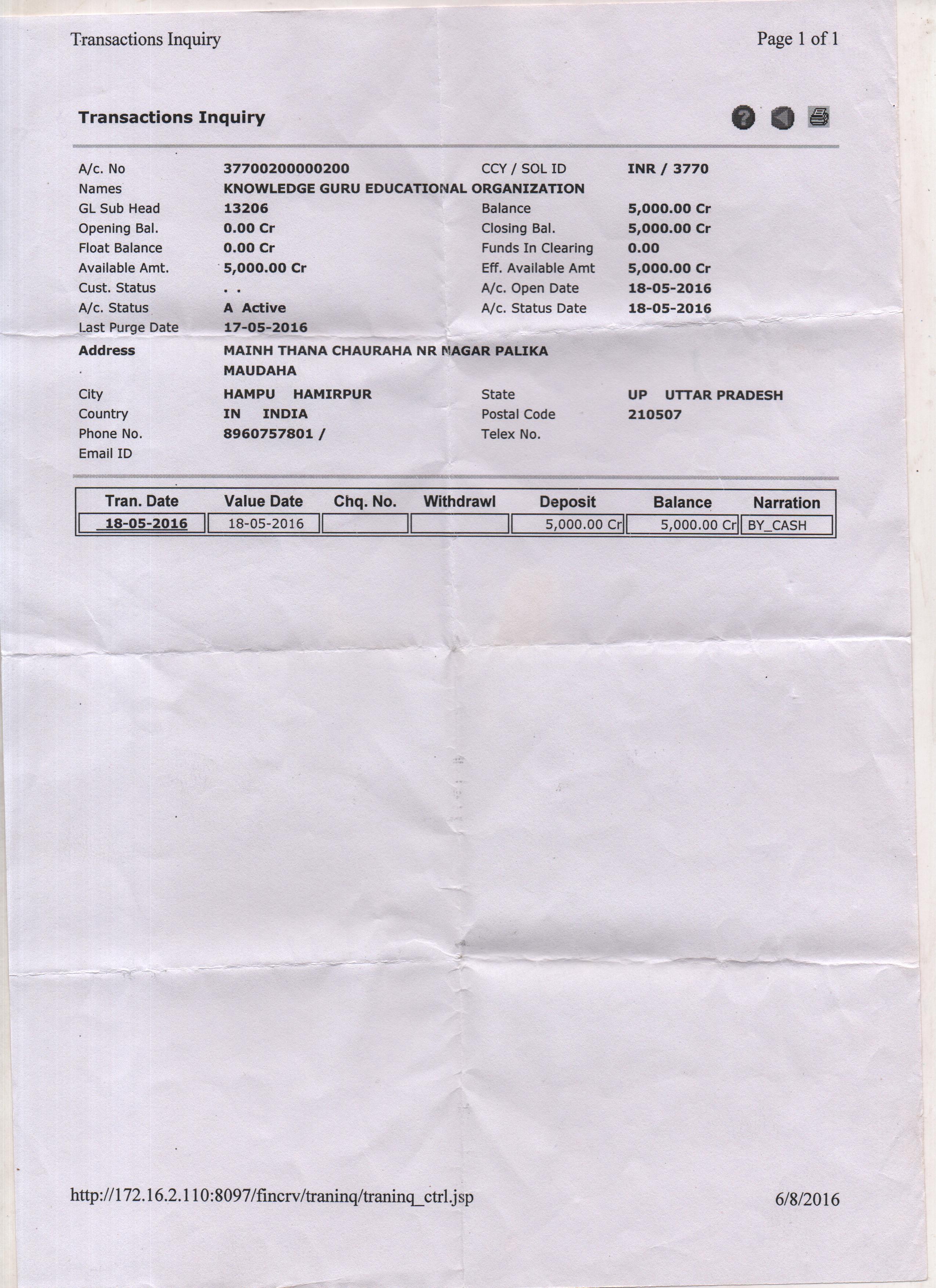 KGCI BANK  ACCOUNT DETAIL