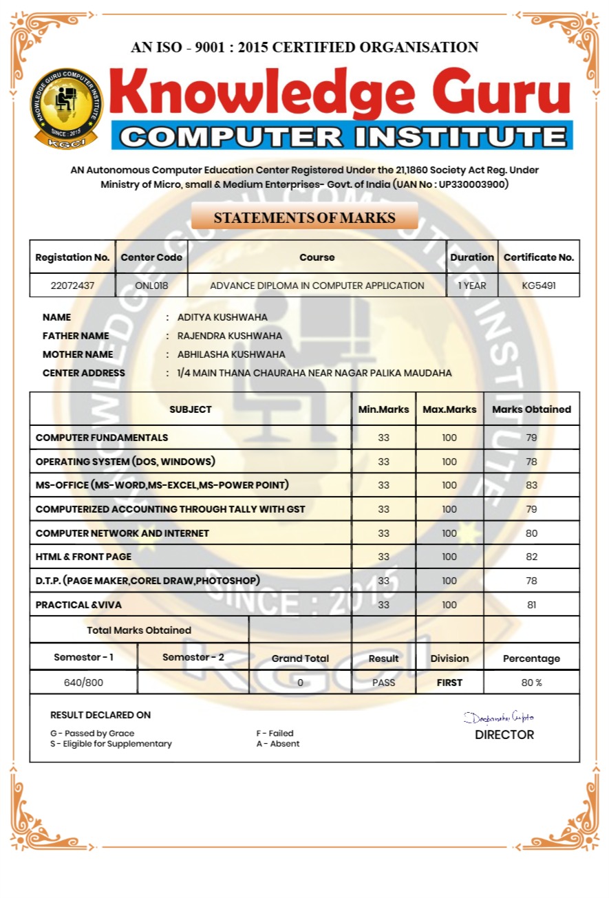 KGCI STUDENT MARKSHEET SAMPLE